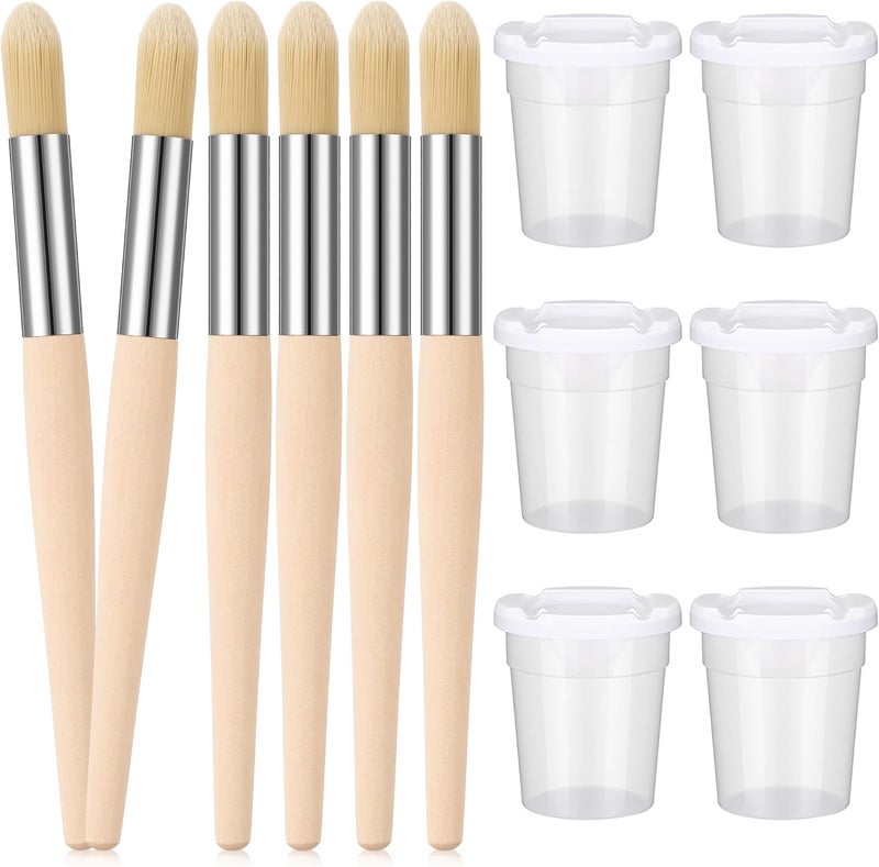 Sinload 6 Set Watercolor Paint Brushes and Paint Cups with Lids for Kid Toddler Baby Jumbo Brushes with Chubby Wood Handles Easy to Grip Paintbrushes Non Toxic Vegan Bristles for Craft Painting Art - Image 1